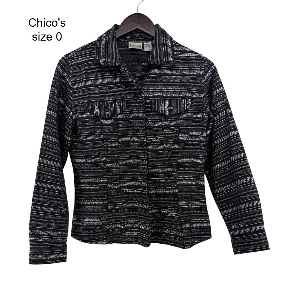 Chico's Black White Striped‎ Metallic Textured Button Front Jacket Size 0